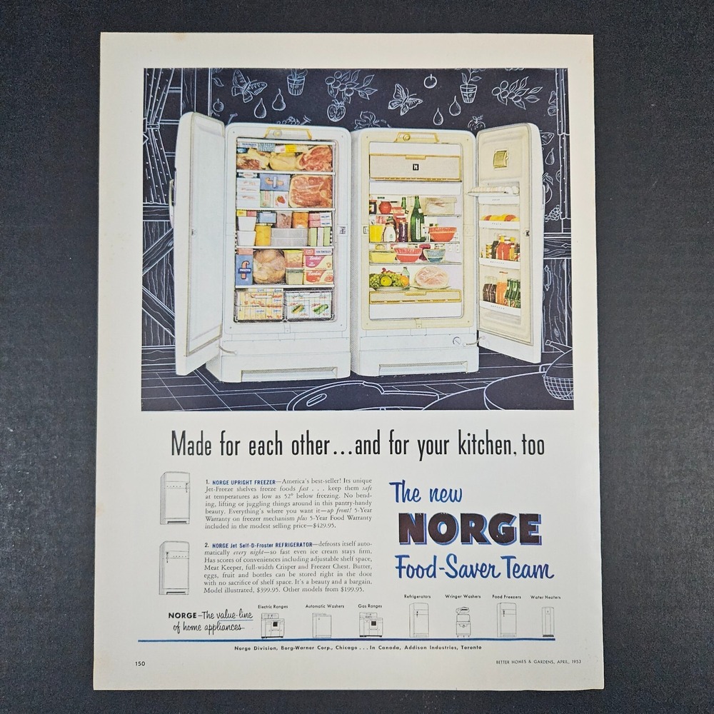 1953 Norge Food Saver‎ Team Vintage Print Ad Freezer Self D-Froster Refrigerator